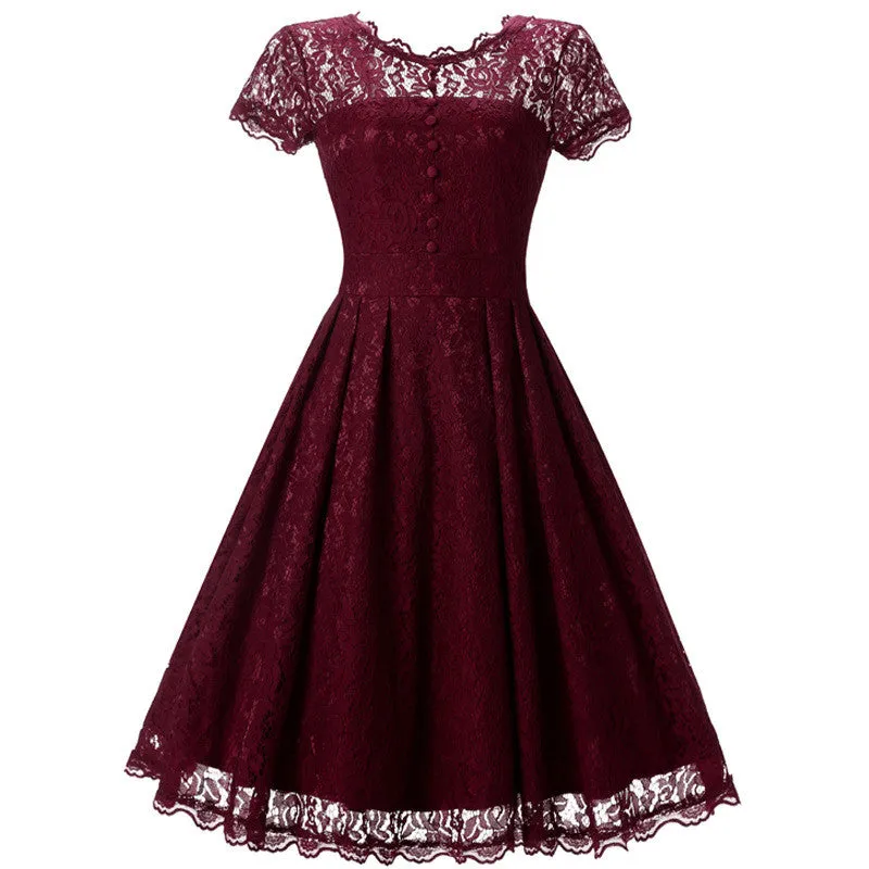 Lace Short Sleeves Splicing Pleated Single Button Short Dress