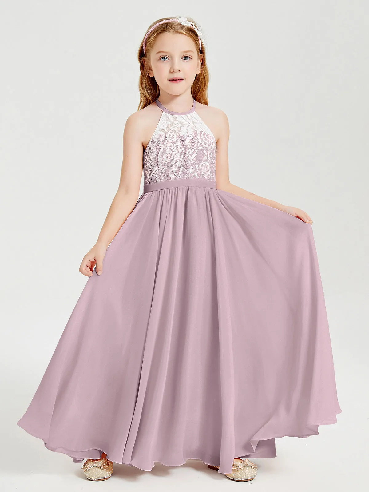 Long Chiffon Bridesmaid Dresses Lace Top Dusk