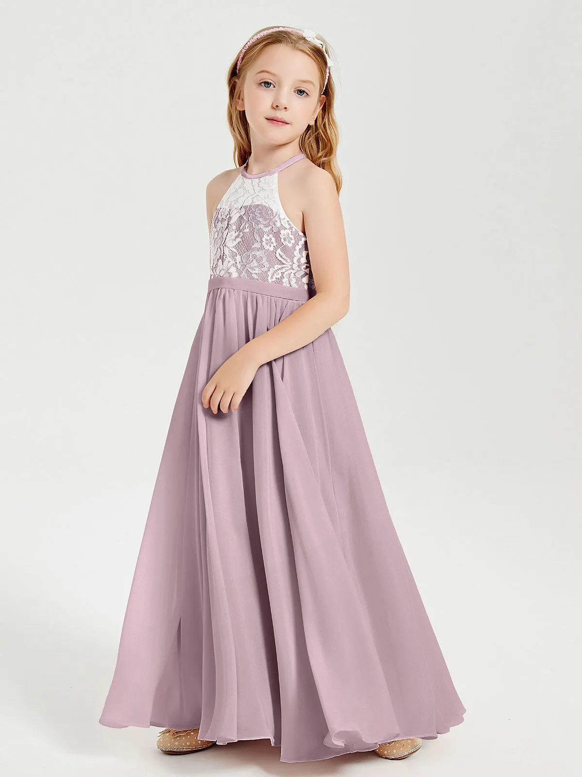Long Chiffon Bridesmaid Dresses Lace Top Dusk