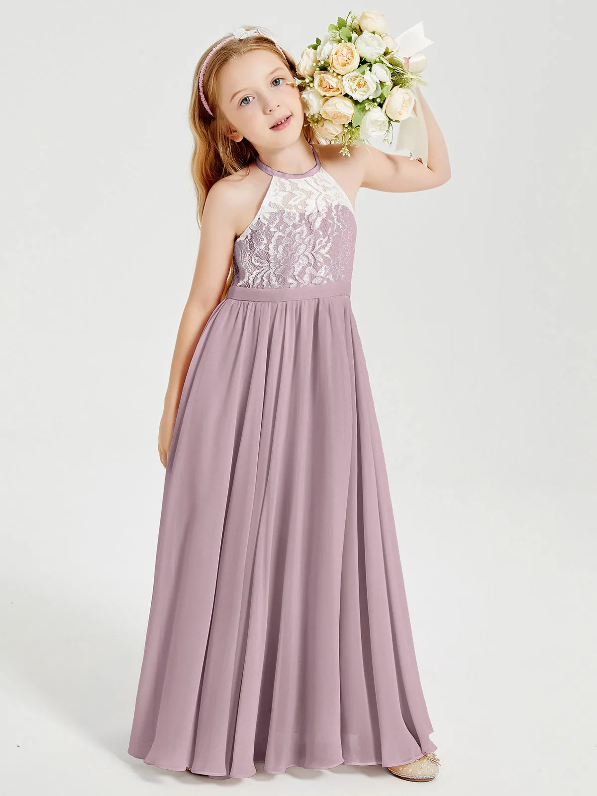 Long Chiffon Bridesmaid Dresses Lace Top Dusk