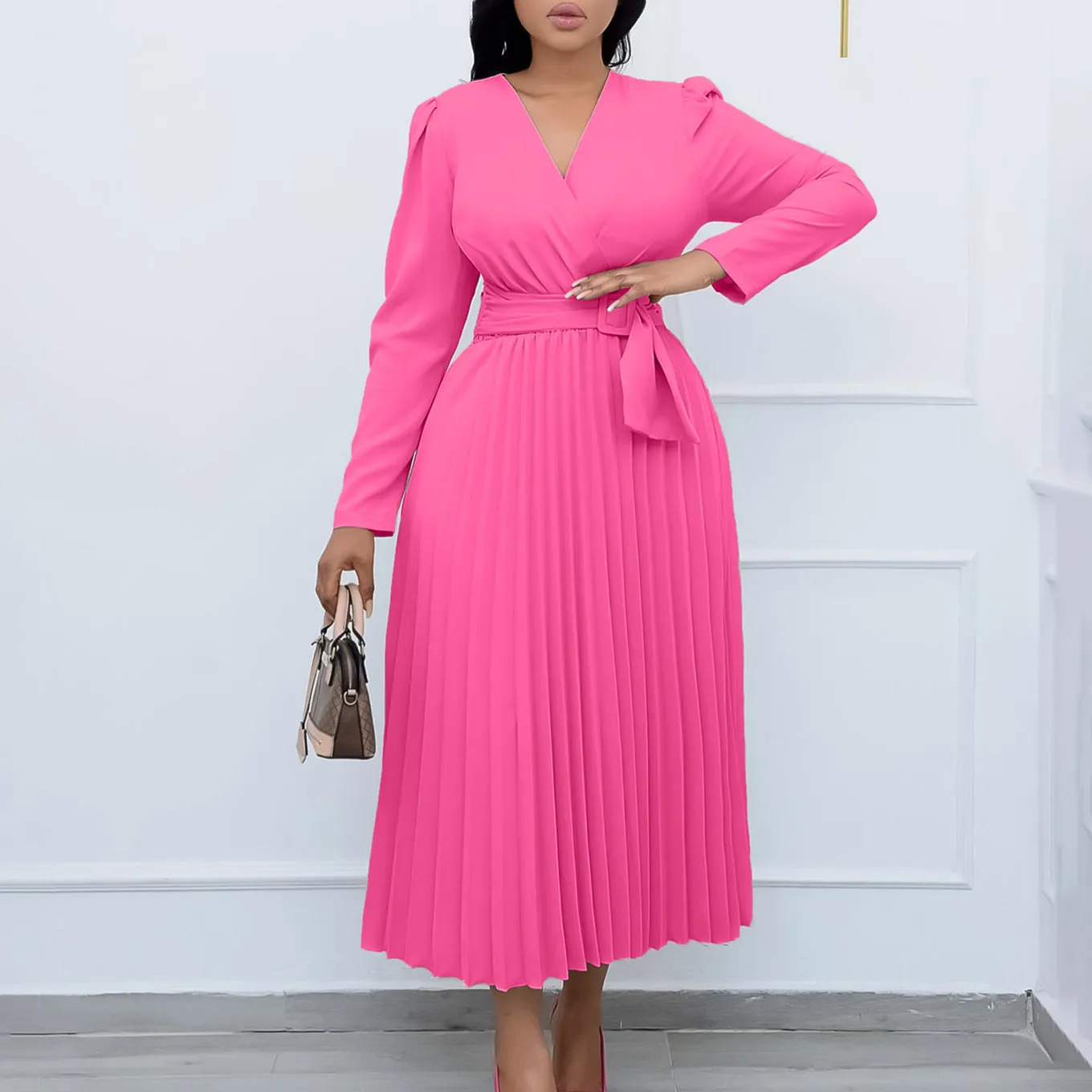 Long Sleeve Pleated Monochrome Sheath Dress