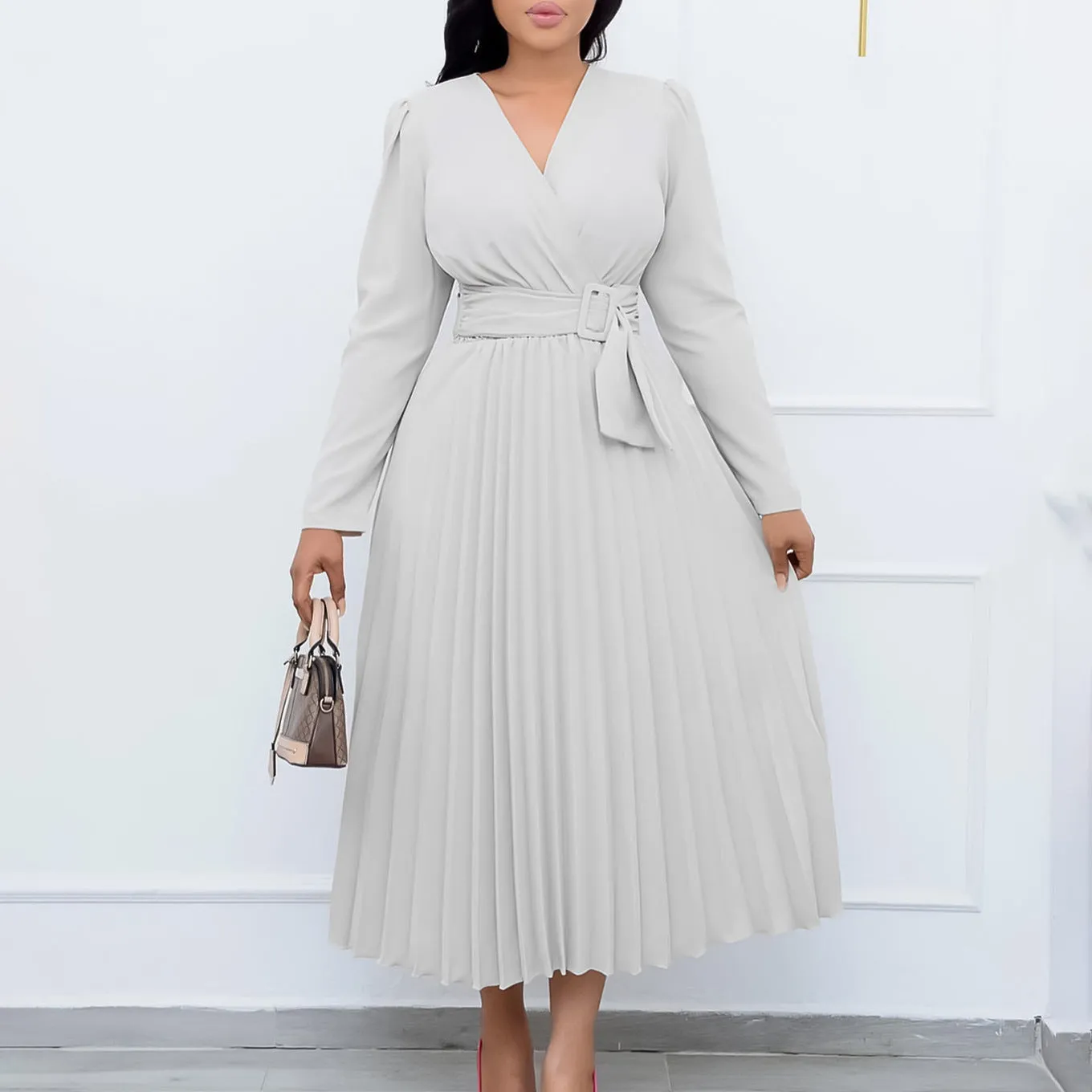Long Sleeve Pleated Monochrome Sheath Dress