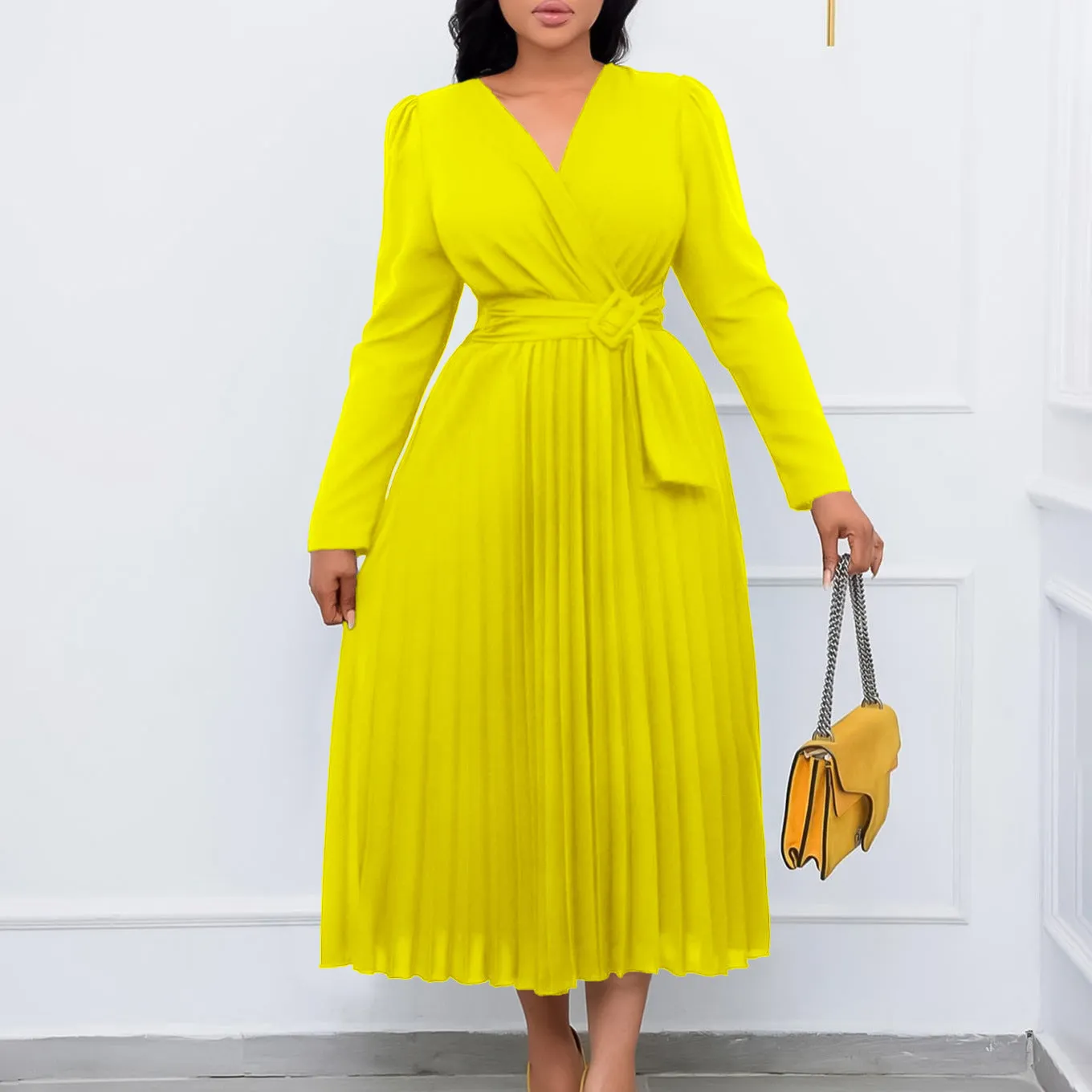 Long Sleeve Pleated Monochrome Sheath Dress