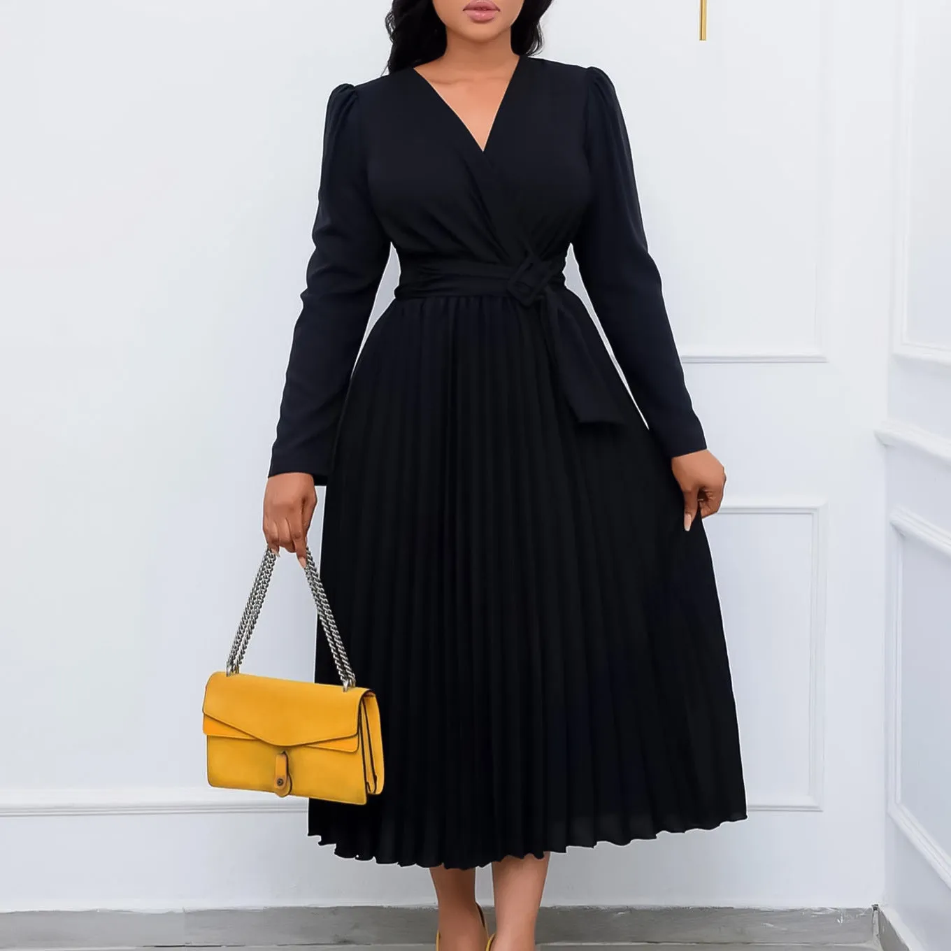 Long Sleeve Pleated Monochrome Sheath Dress