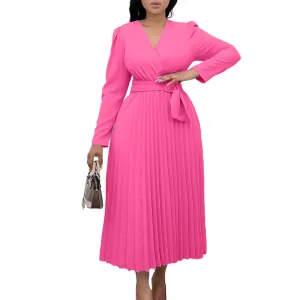 Long Sleeve Pleated Monochrome Sheath Dress