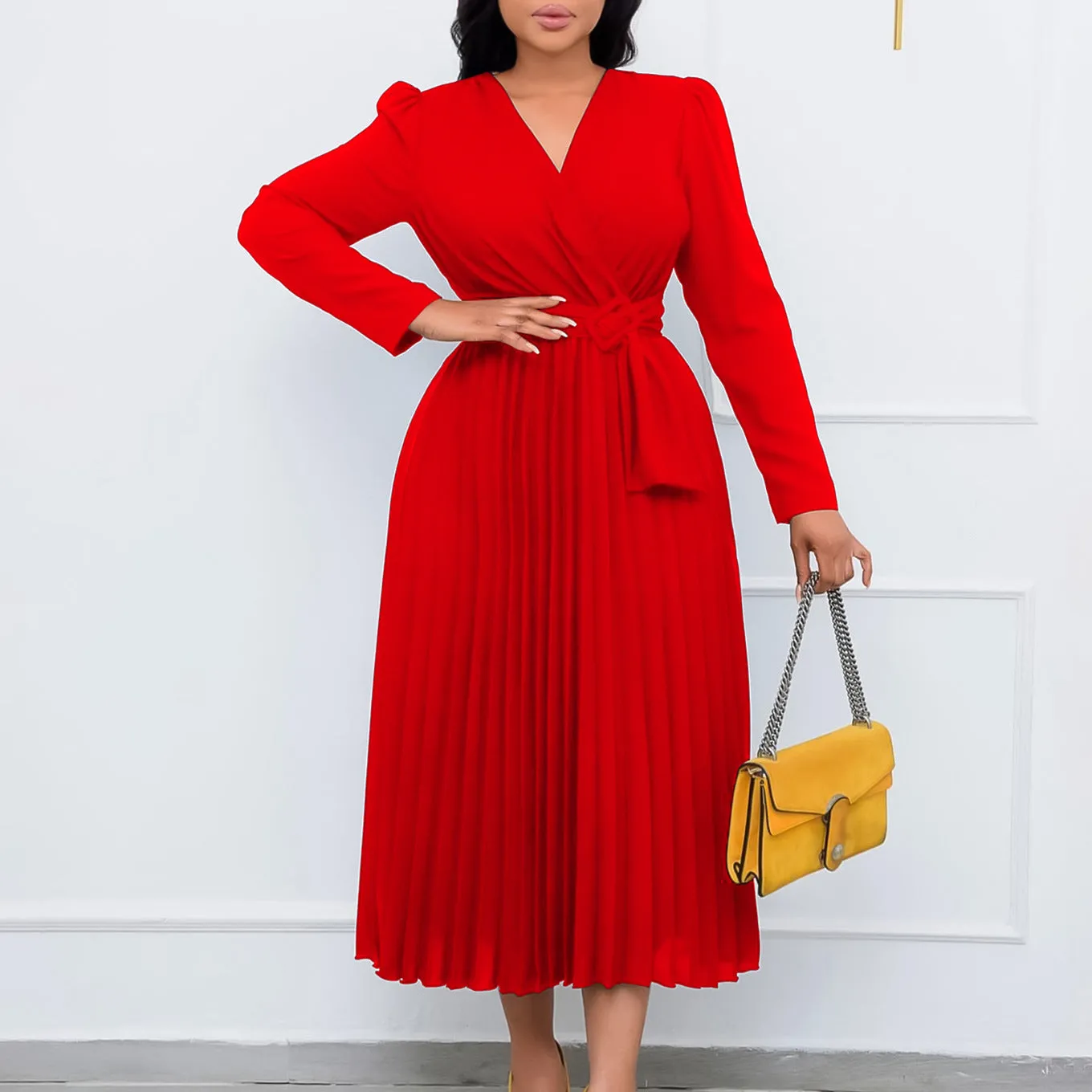Long Sleeve Pleated Monochrome Sheath Dress
