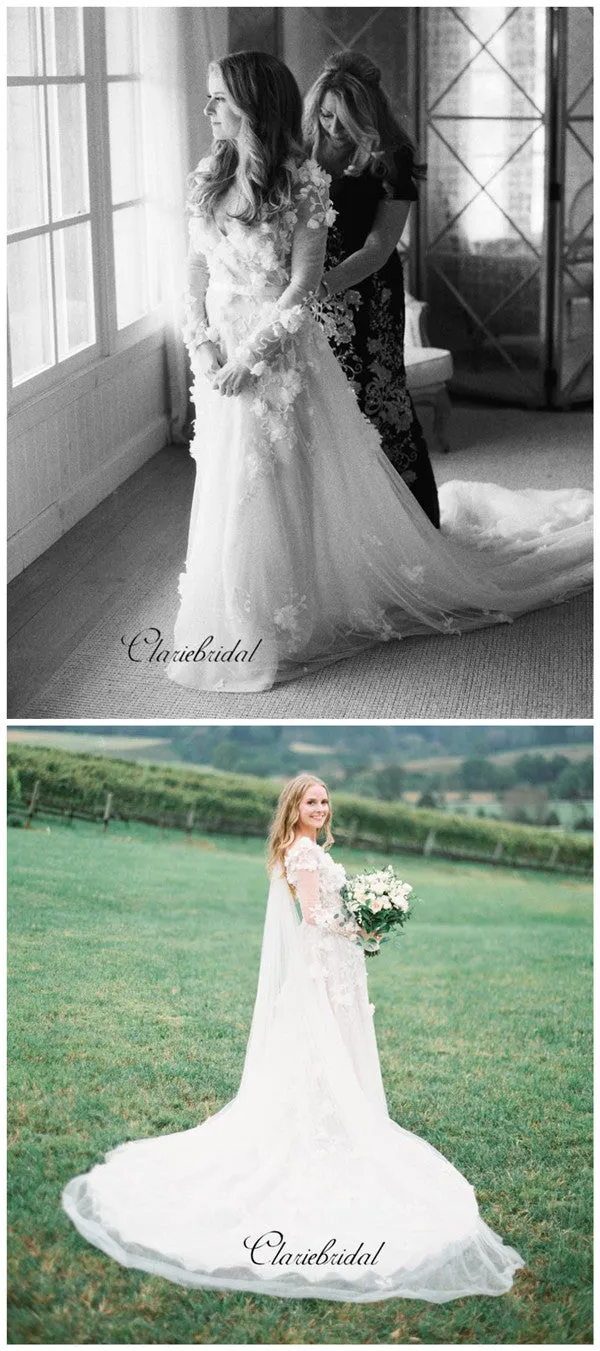 Long Sleeves A-line Wedding Dresses, Graceful Appliques Fashion Wedding Dresses