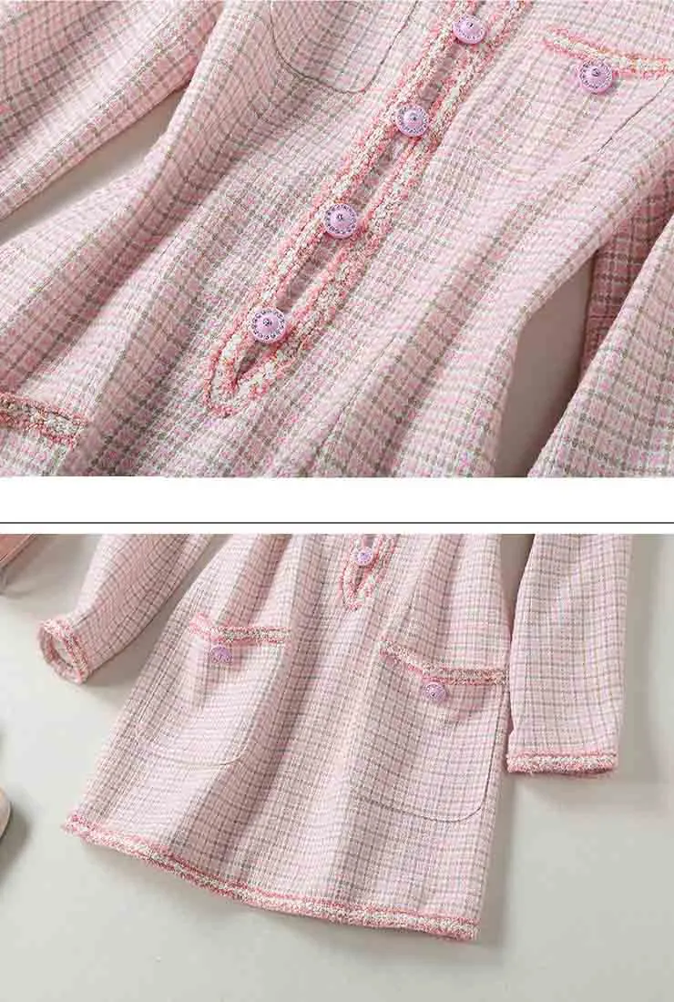 Luxury Single-breasted Pink Tweed Slim Mini Dress