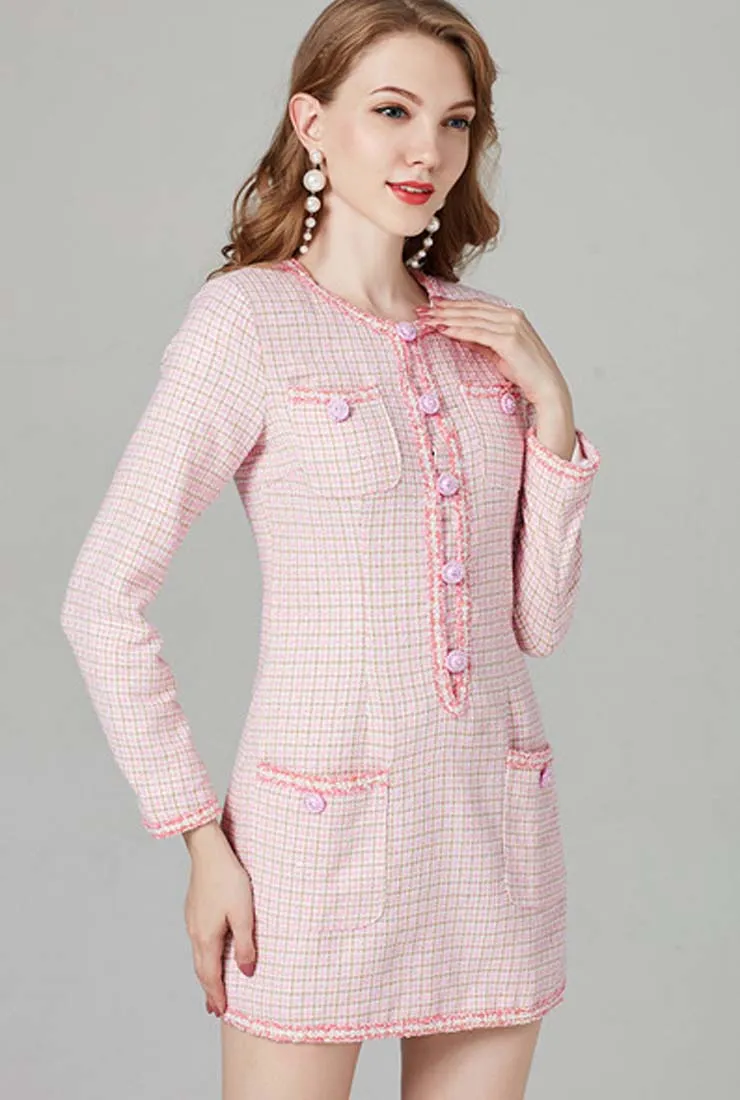 Luxury Single-breasted Pink Tweed Slim Mini Dress