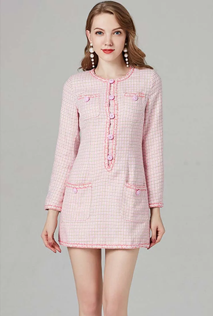 Luxury Single-breasted Pink Tweed Slim Mini Dress