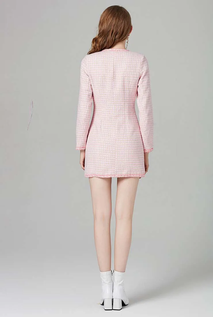 Luxury Single-breasted Pink Tweed Slim Mini Dress