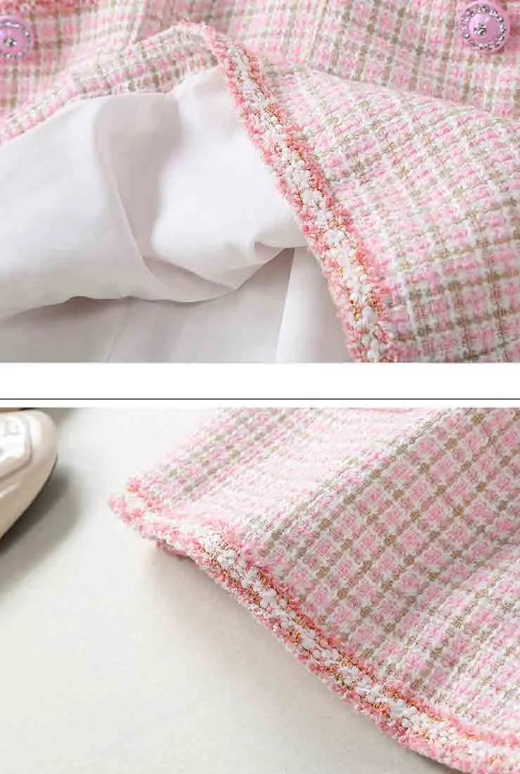 Luxury Single-breasted Pink Tweed Slim Mini Dress