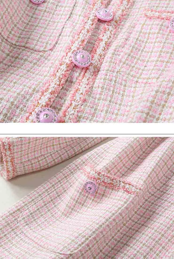 Luxury Single-breasted Pink Tweed Slim Mini Dress