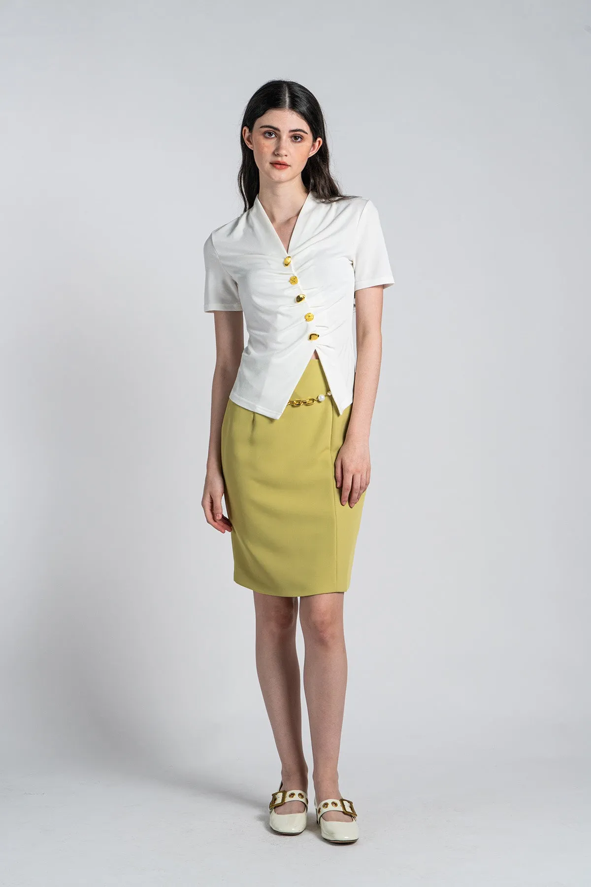 Maydielle Assymetrical Buttoned Ruched Top