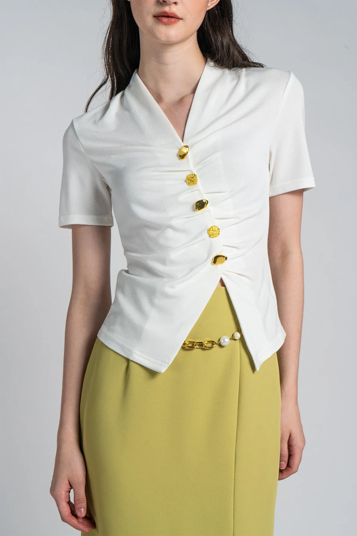 Maydielle Assymetrical Buttoned Ruched Top