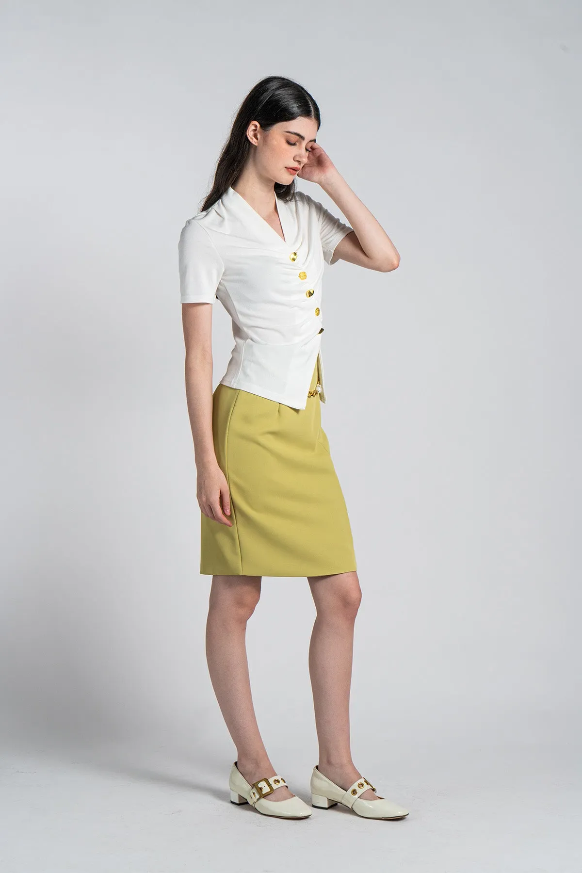 Maydielle Assymetrical Buttoned Ruched Top