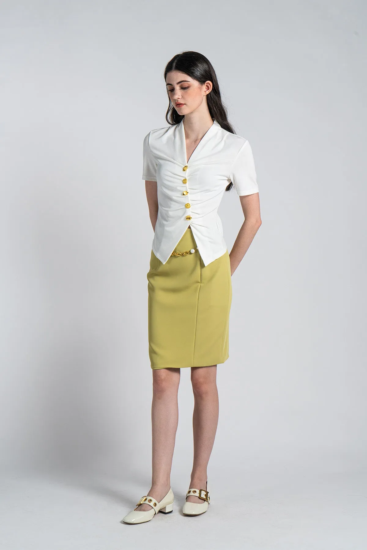 Maydielle Assymetrical Buttoned Ruched Top