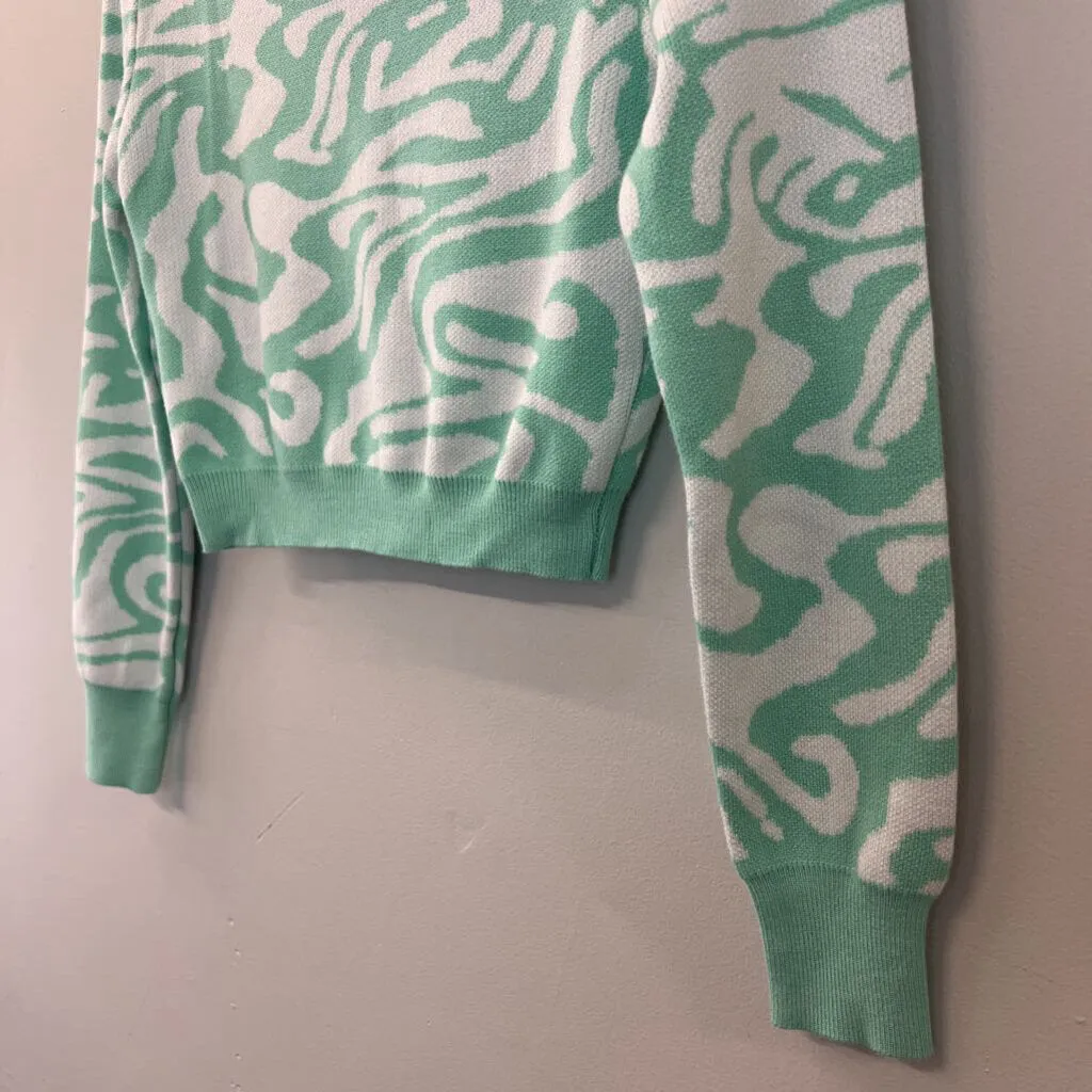 Miss Sparkling Mint Green/ White Print Cropped Cardigan Sweater Small