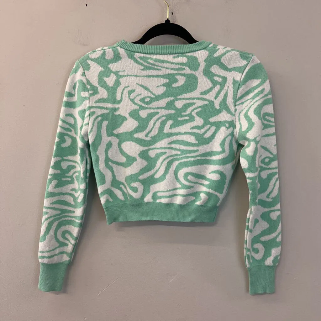Miss Sparkling Mint Green/ White Print Cropped Cardigan Sweater Small