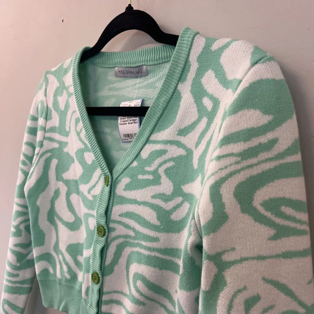 Miss Sparkling Mint Green/ White Print Cropped Cardigan Sweater Small