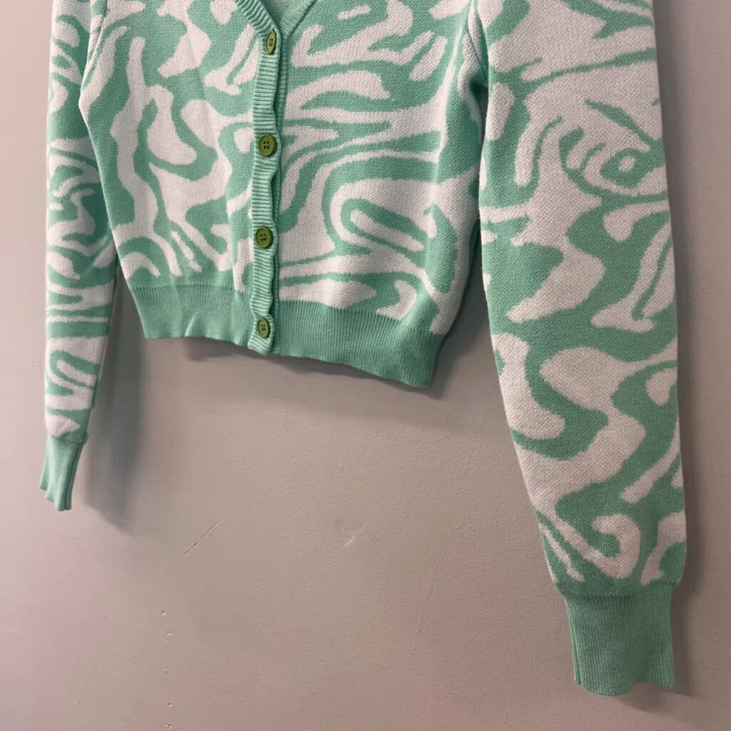 Miss Sparkling Mint Green/ White Print Cropped Cardigan Sweater Small