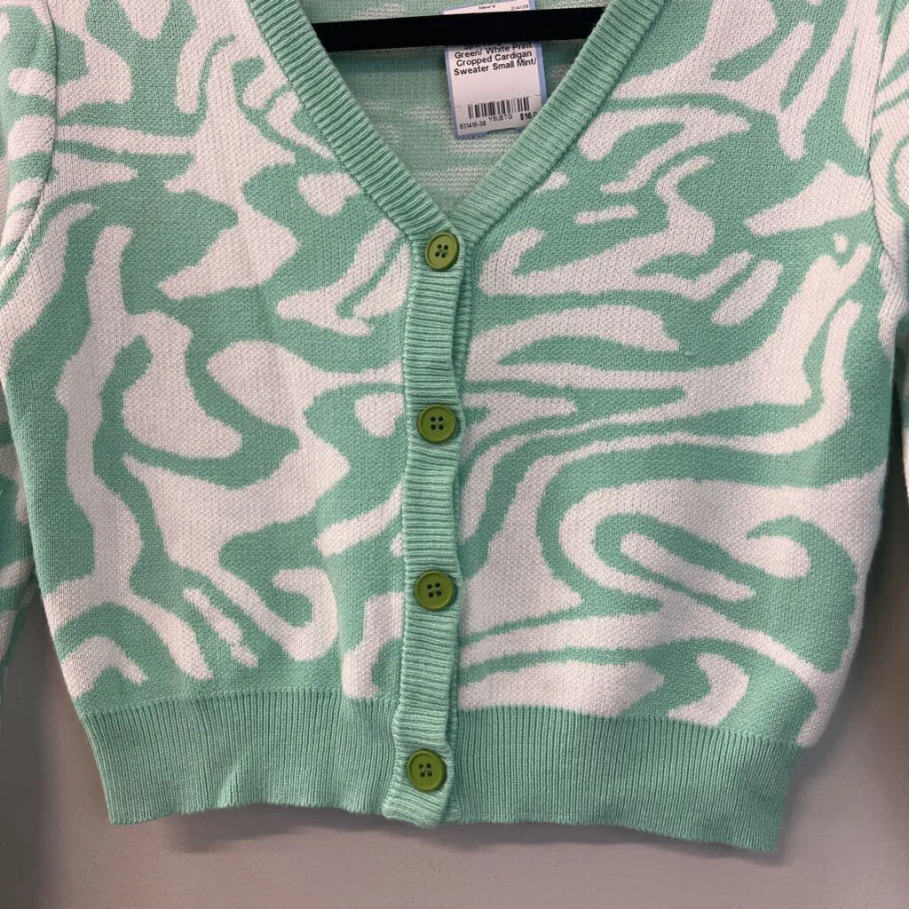 Miss Sparkling Mint Green/ White Print Cropped Cardigan Sweater Small