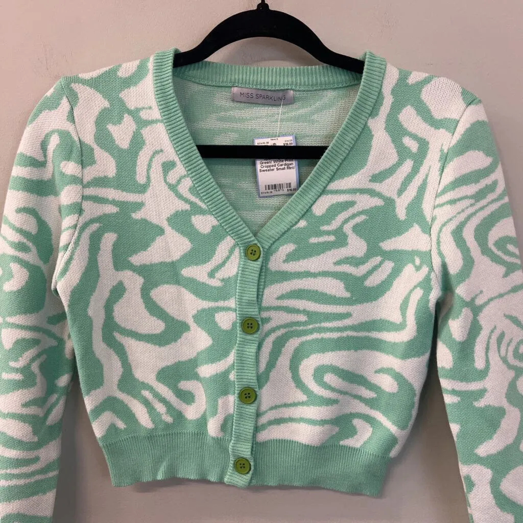 Miss Sparkling Mint Green/ White Print Cropped Cardigan Sweater Small