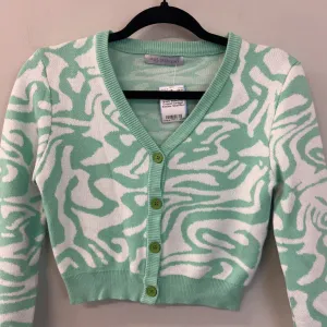 Miss Sparkling Mint Green/ White Print Cropped Cardigan Sweater Small