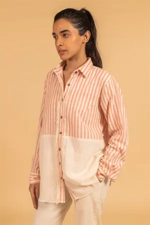 Moralfibre Frayed Trim Placket Shirt From "Shapes Collection " - Ecru & Peach