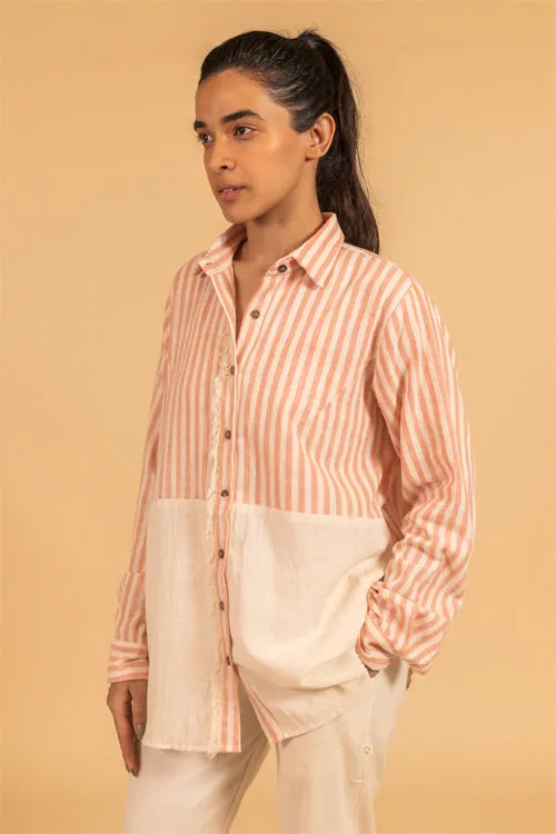 Moralfibre Frayed Trim Placket Shirt From "Shapes Collection " - Ecru & Peach