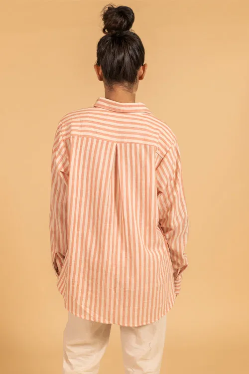 Moralfibre Frayed Trim Placket Shirt From "Shapes Collection " - Ecru & Peach