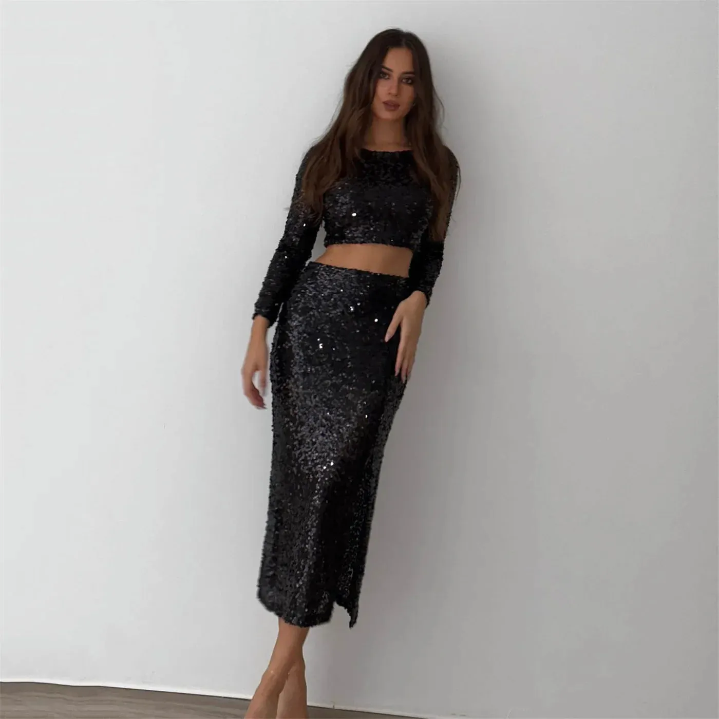 Mqtime Sequins Slim Dress Sets Women Long Sleeve Crop Tops High Waist Sexy Maxi Skirts Ladies Two Piece Suits Sparkling Womens Outifits
