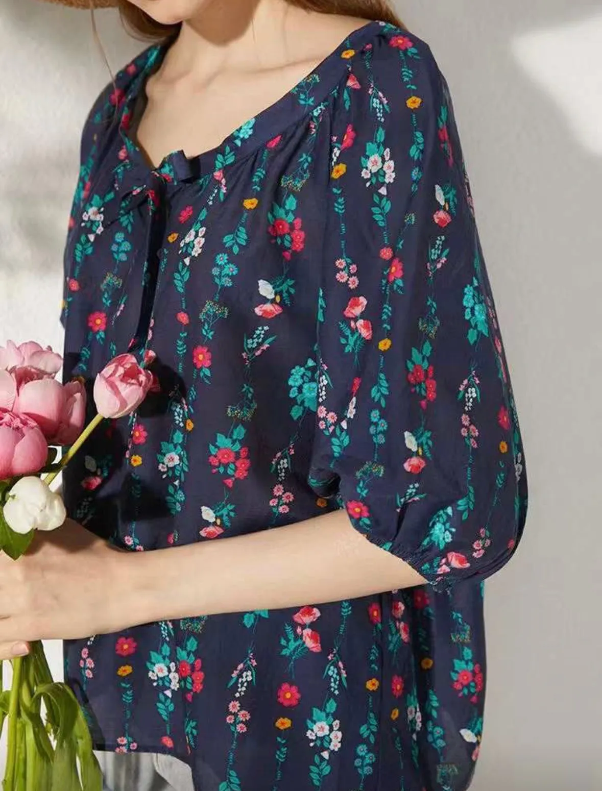 Navy Flower Print Baby Doll Blouse