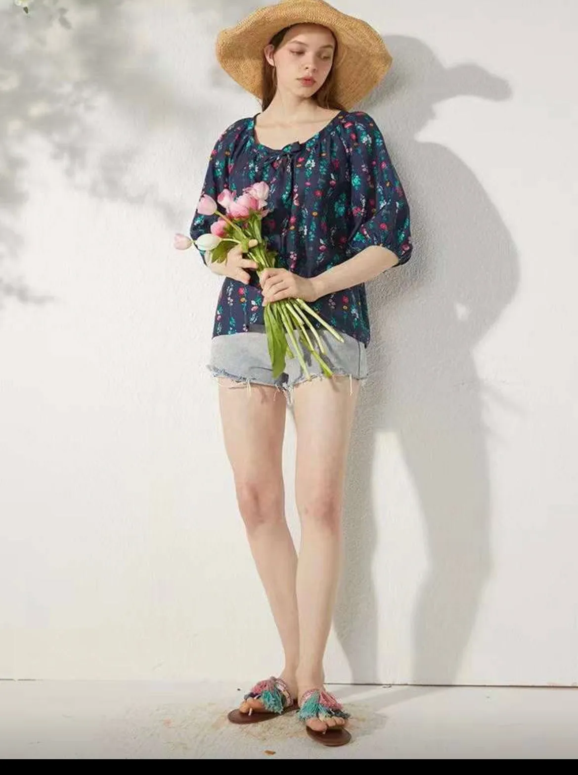 Navy Flower Print Baby Doll Blouse