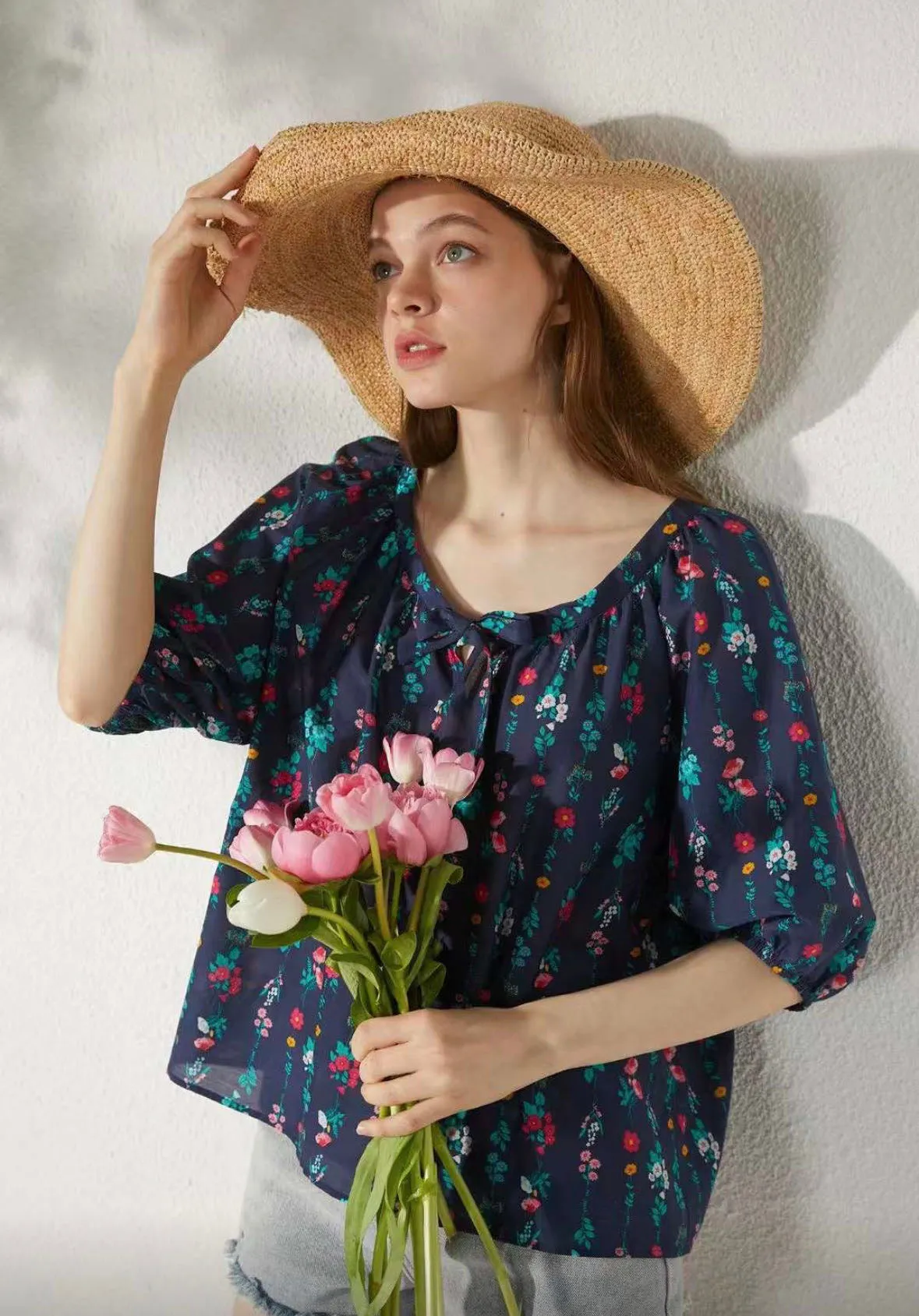 Navy Flower Print Baby Doll Blouse