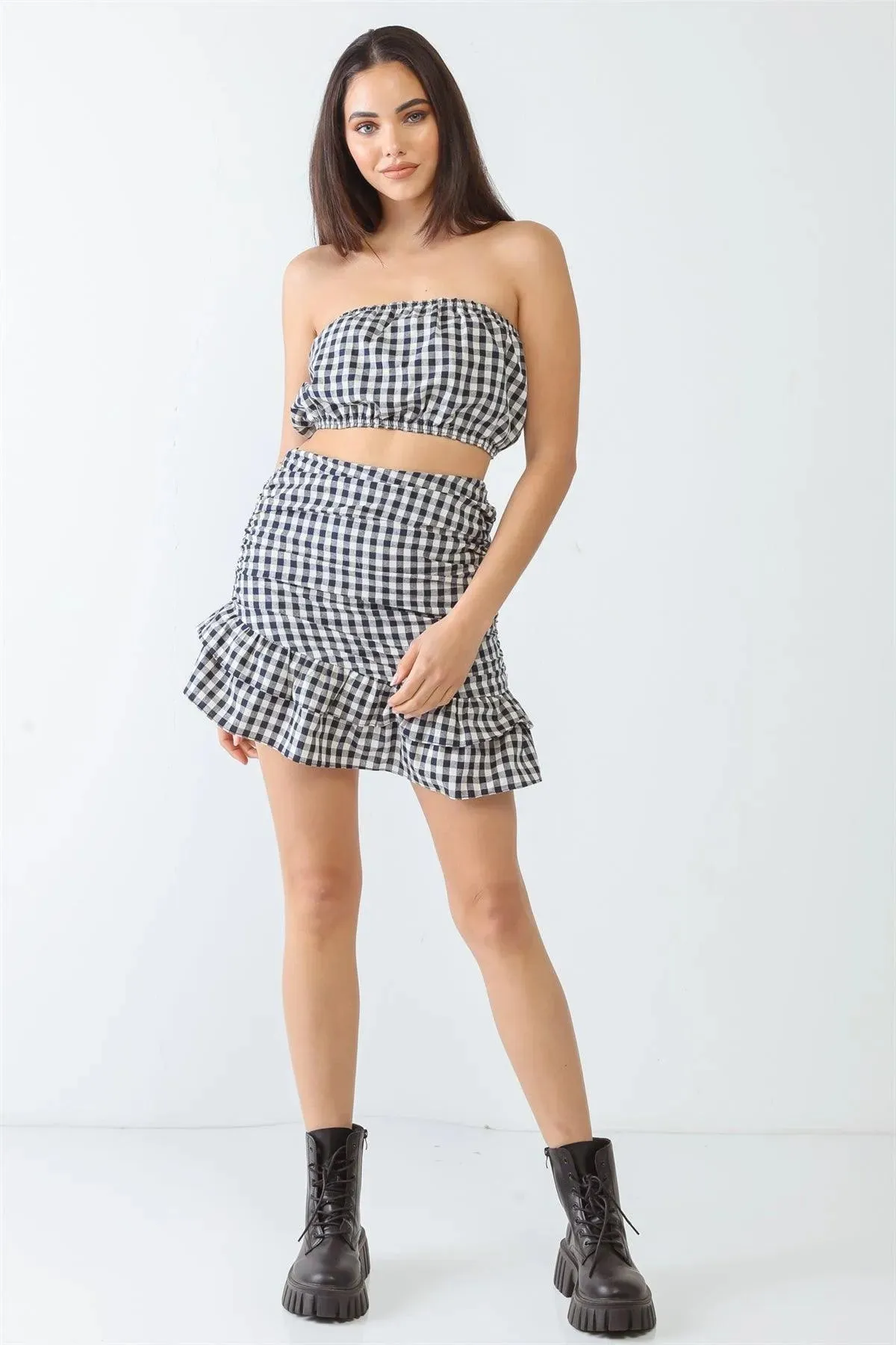 Navy Plaid Strapless Crop Top & Flare Hem Mini Skirt Set