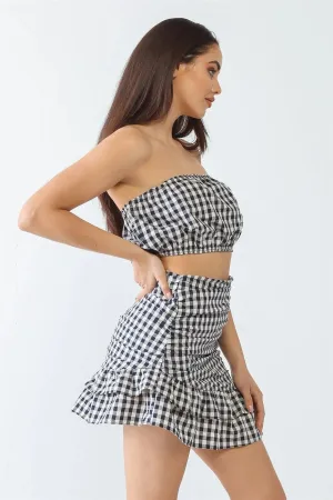 Navy Plaid Strapless Crop Top & Flare Hem Mini Skirt Set