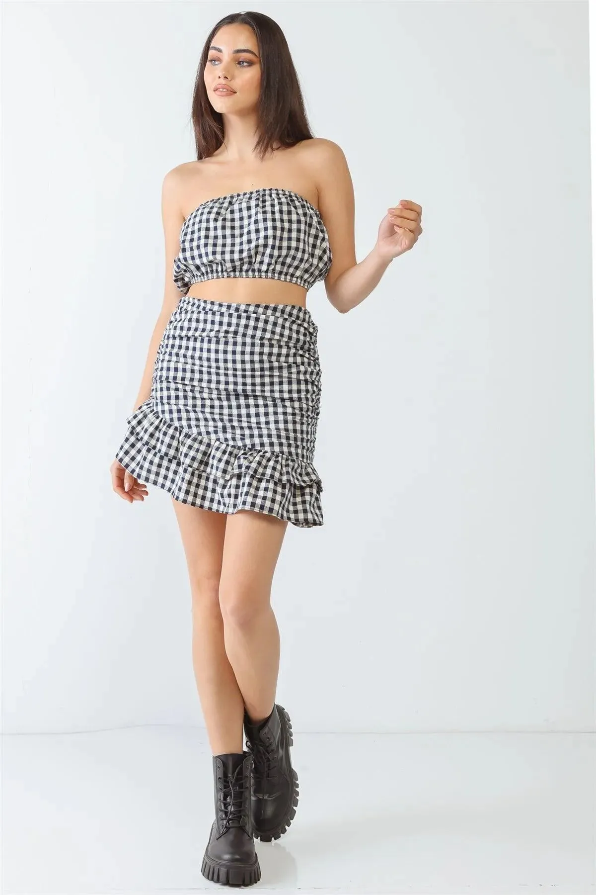 Navy Plaid Strapless Crop Top & Flare Hem Mini Skirt Set