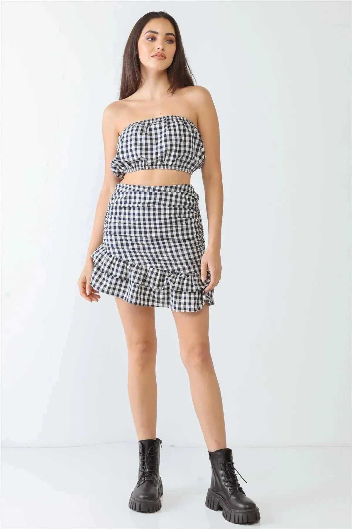 Navy Plaid Strapless Crop Top & Flare Hem Mini Skirt Set