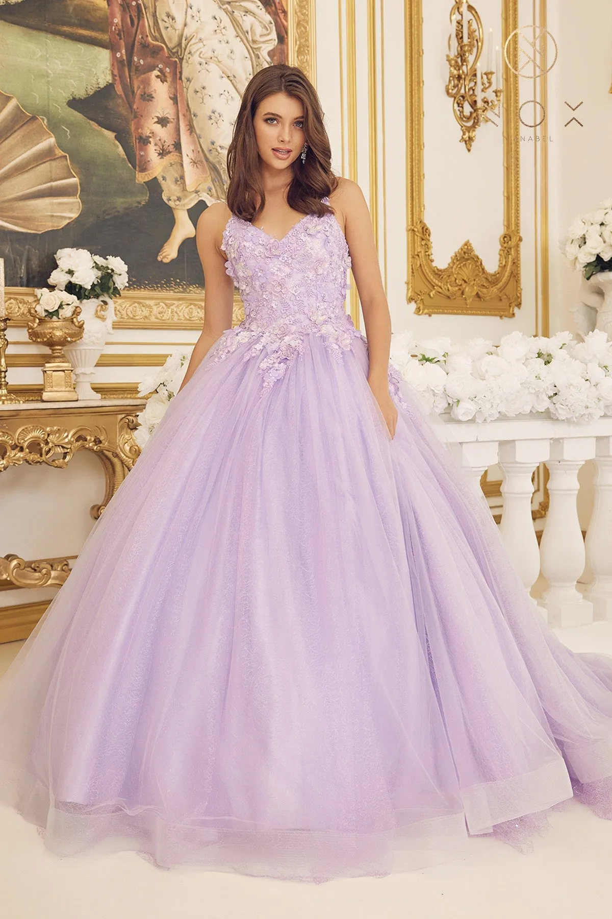 Nox Anabel CU1115 Size 8 Blue Long Shimmer Ballgown 3D Lace Sequin Prom Dress Train Formal Gown