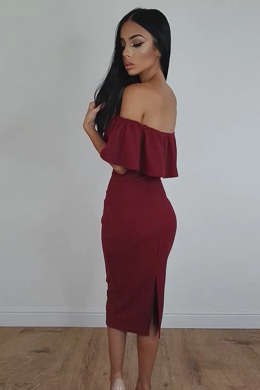 Off Shoulder Ruffle Solid Sheath Knee-length Dress