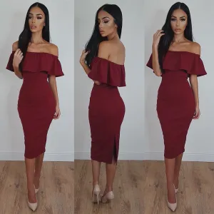 Off Shoulder Ruffle Solid Sheath Knee-length Dress