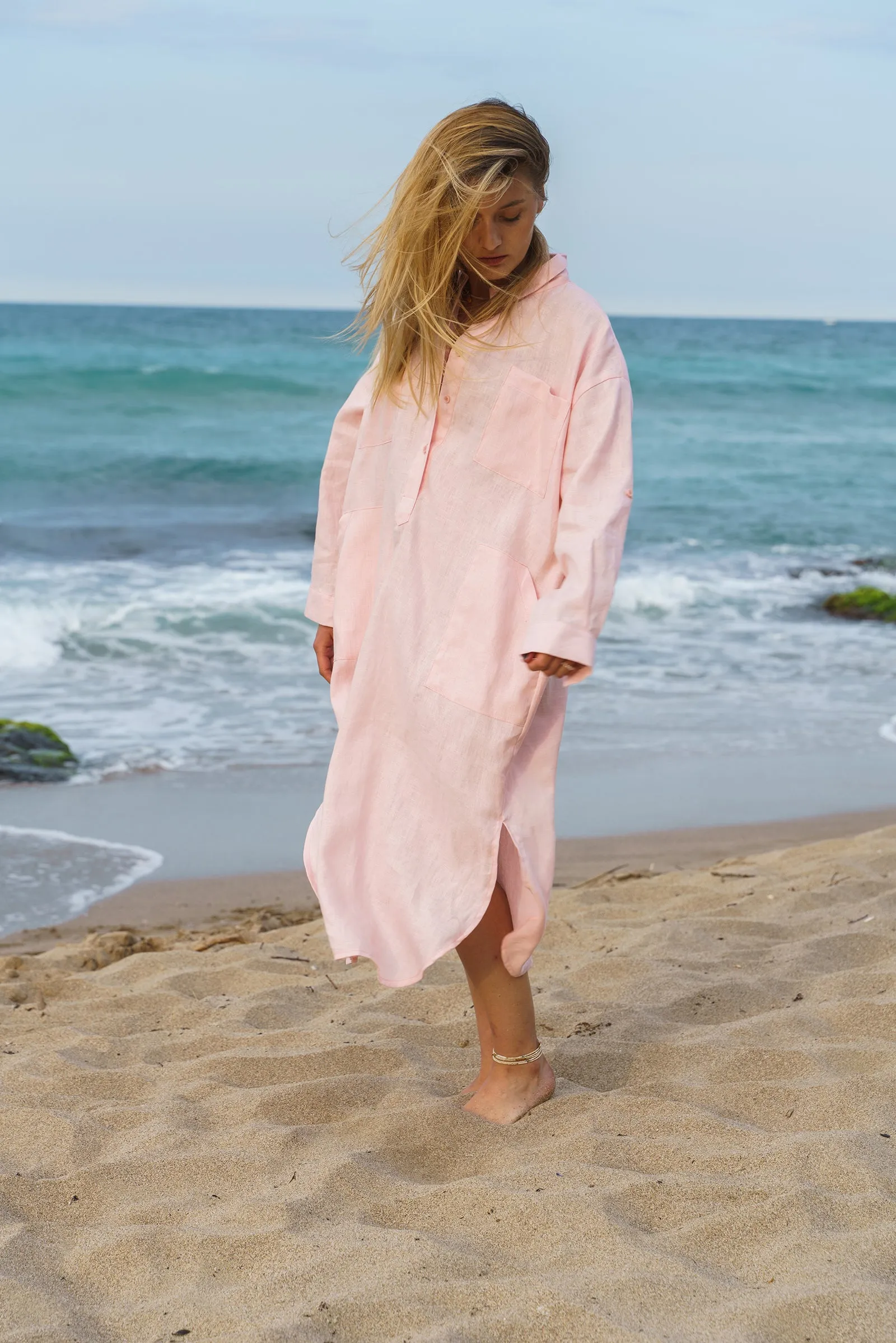 Oversized Ash Rose Linen Shirt Dress