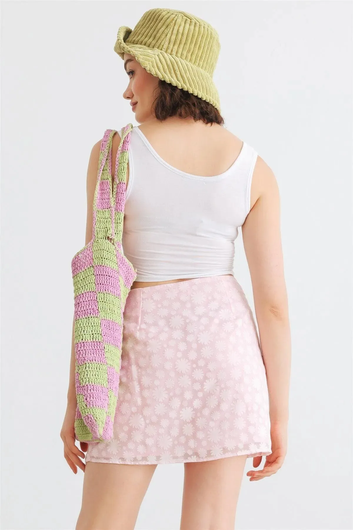 Pink Floral Cotton Blend High Waist Mini Skirt