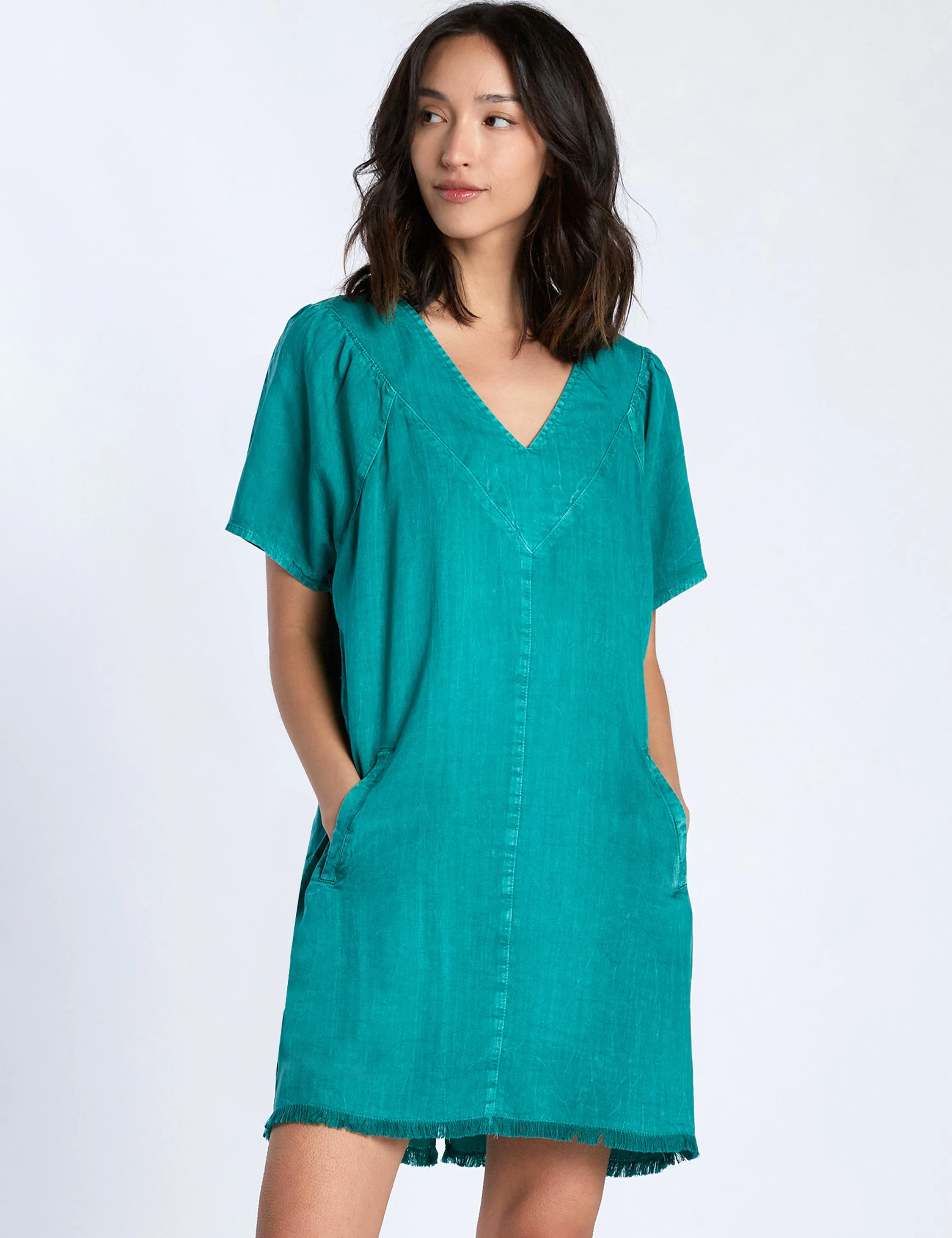 Puff Frayed V-neck Dress