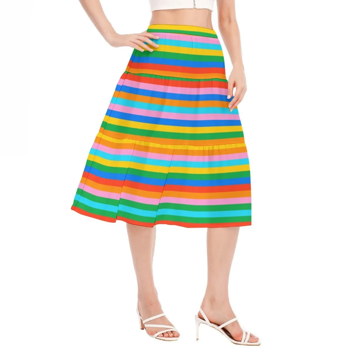 Rainbow Skirt, Rainbow Stripe Skirt, Rainbow Midi Skirt, Tier Skirt,Vintage 70s Style skirt, Boho Skirt,Unique Skirt, Flounce Chiffon Skirt