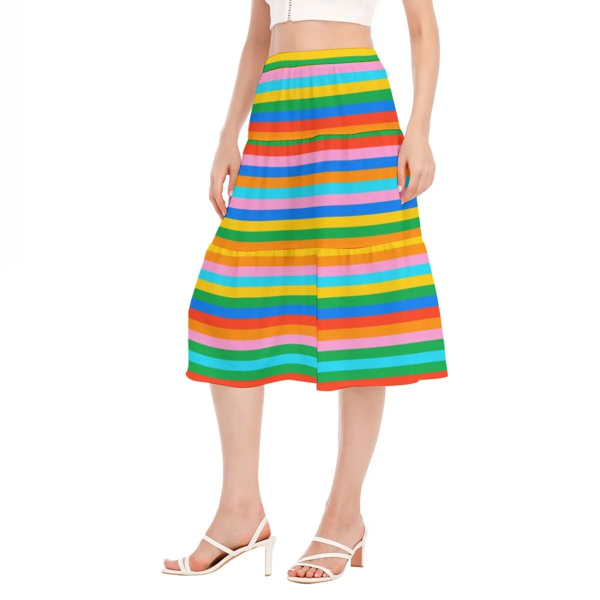 Rainbow Skirt, Rainbow Stripe Skirt, Rainbow Midi Skirt, Tier Skirt,Vintage 70s Style skirt, Boho Skirt,Unique Skirt, Flounce Chiffon Skirt