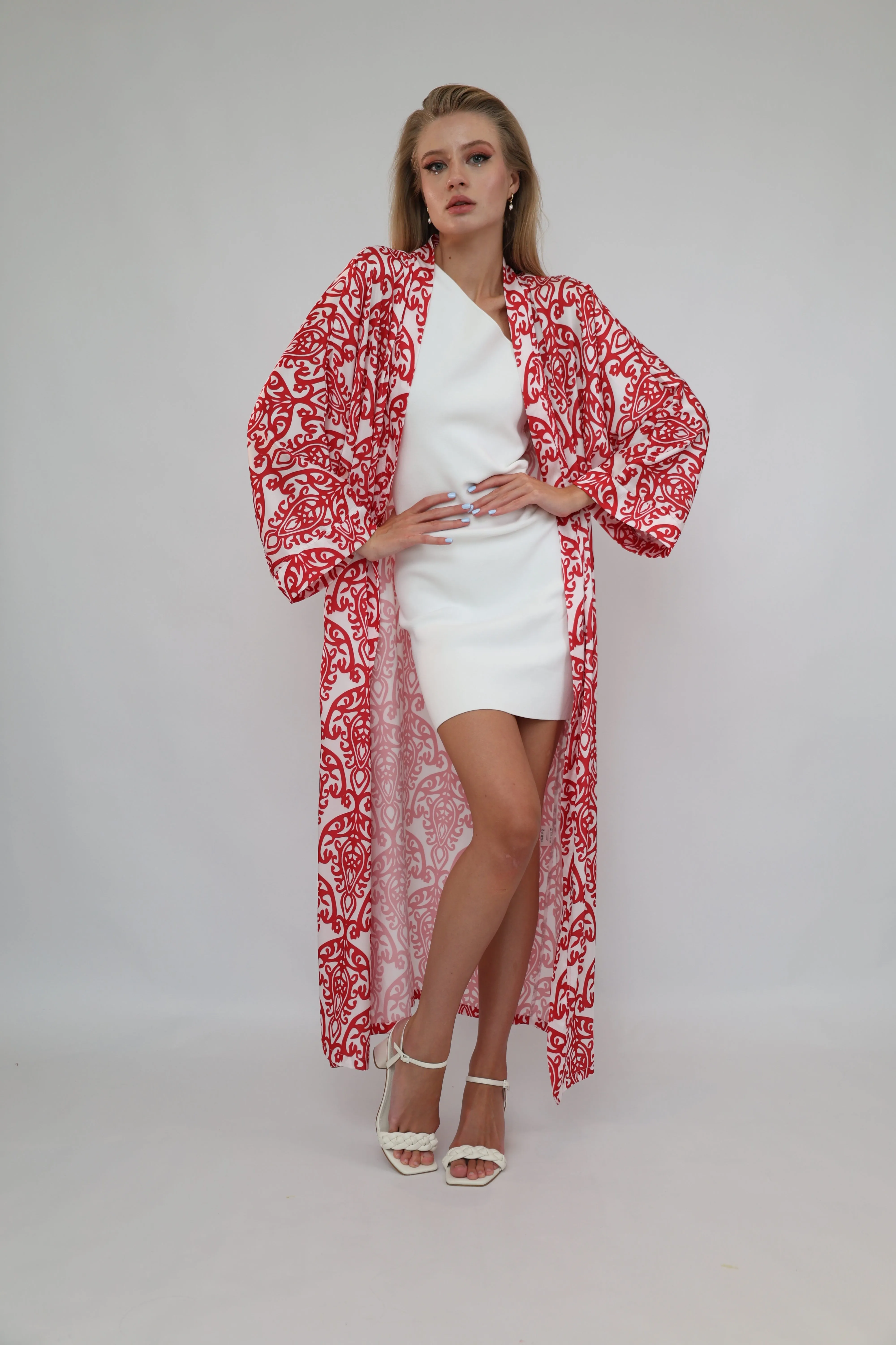 Red Printed Ikat Lightweight Kimono "Crimson Glow"