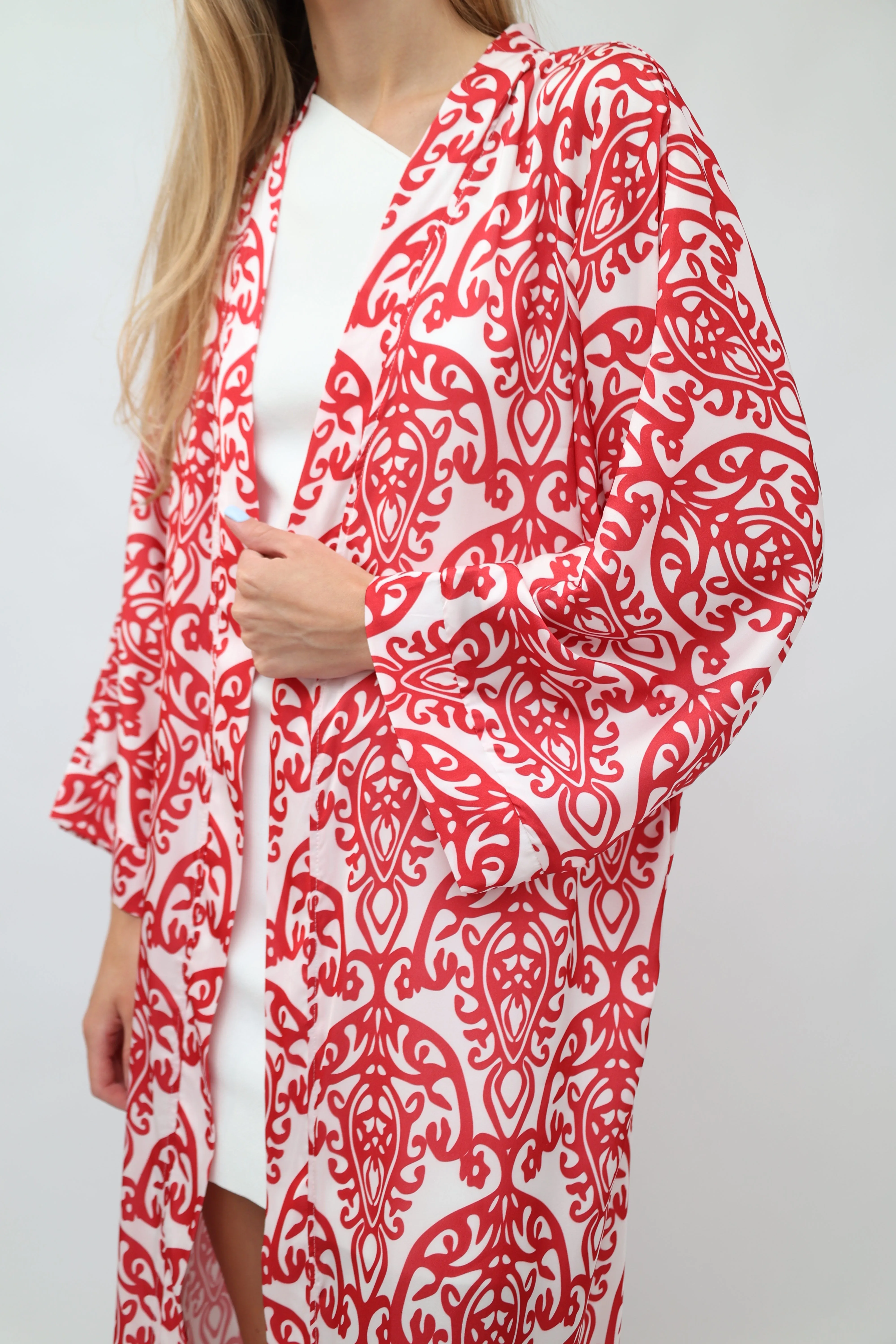 Red Printed Ikat Lightweight Kimono "Crimson Glow"