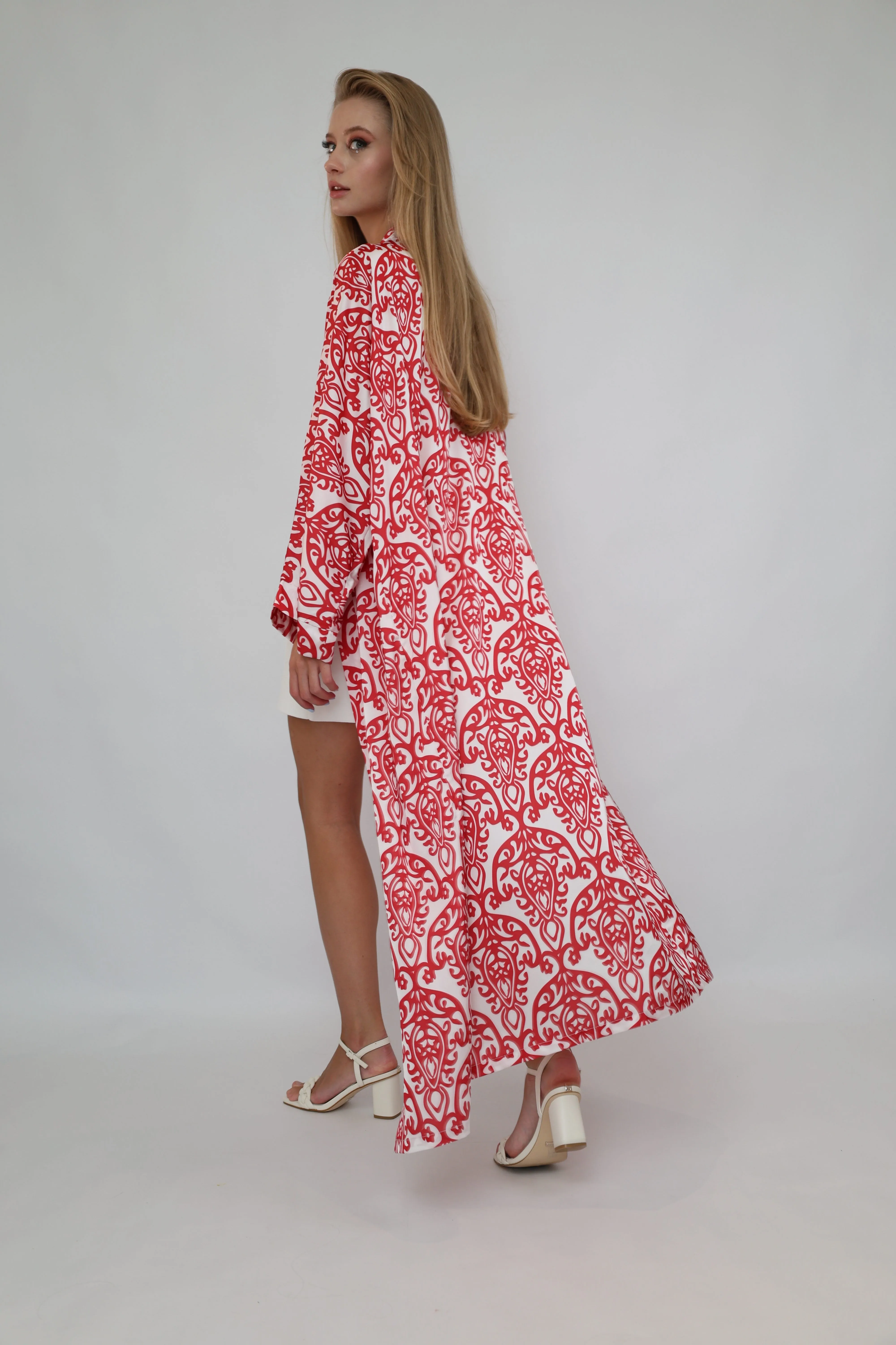 Red Printed Ikat Lightweight Kimono "Crimson Glow"
